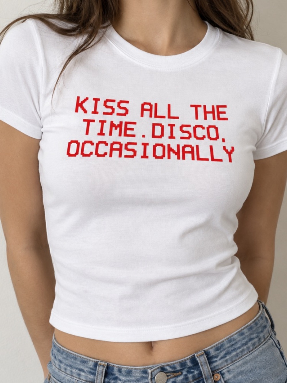Kiss All The Time Disco Occasionally Pixel Red Font Retro White BabyTee